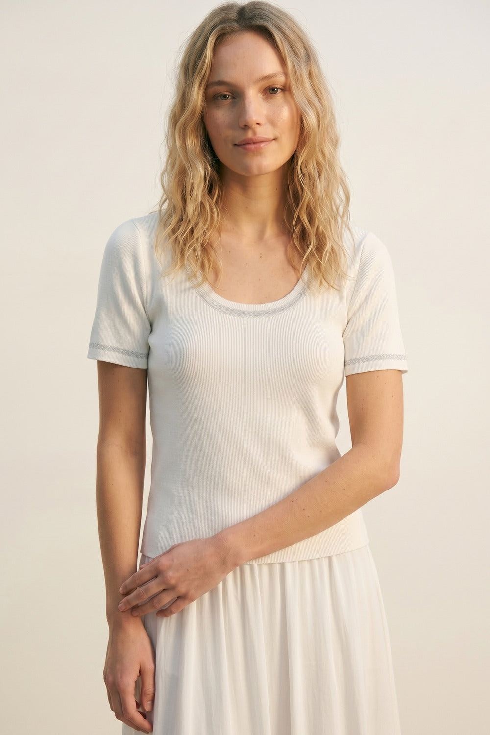 White Ribbed Knit Scoop Neck sweater with shiny lurex trim