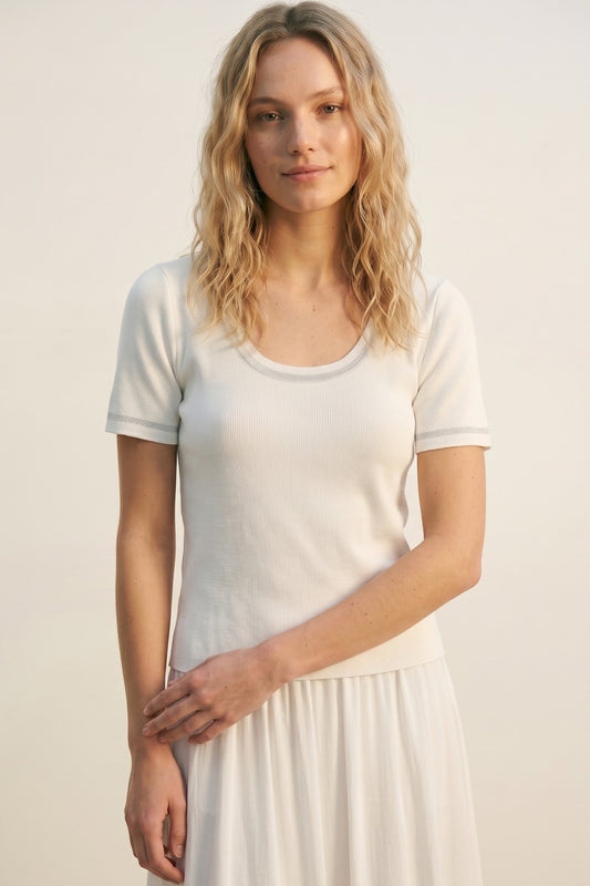 White Ribbed Knit Scoop Neck sweater with shiny lurex trim