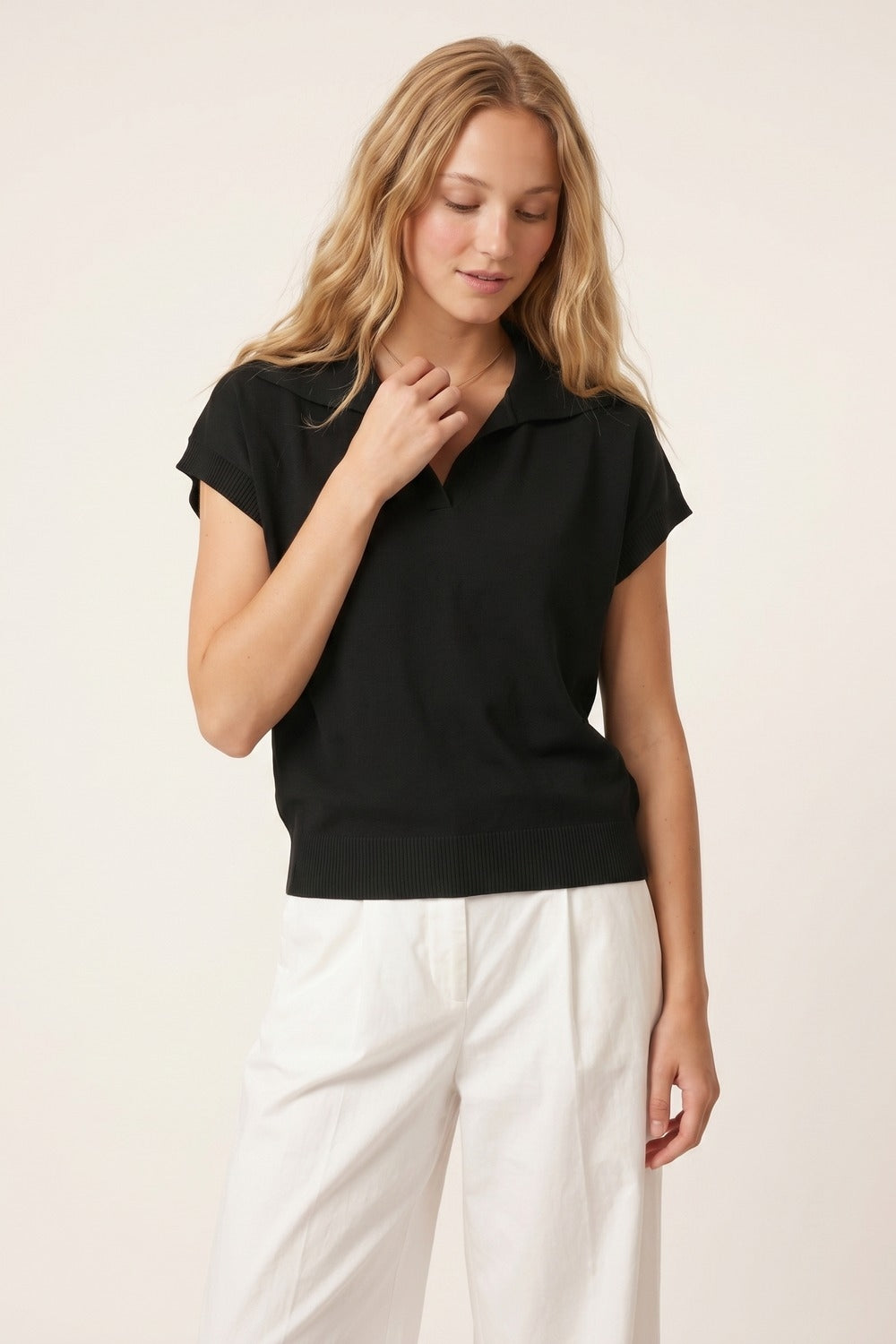 Black Fine Knit Polo Collar Rib Hem Regular Fit Top