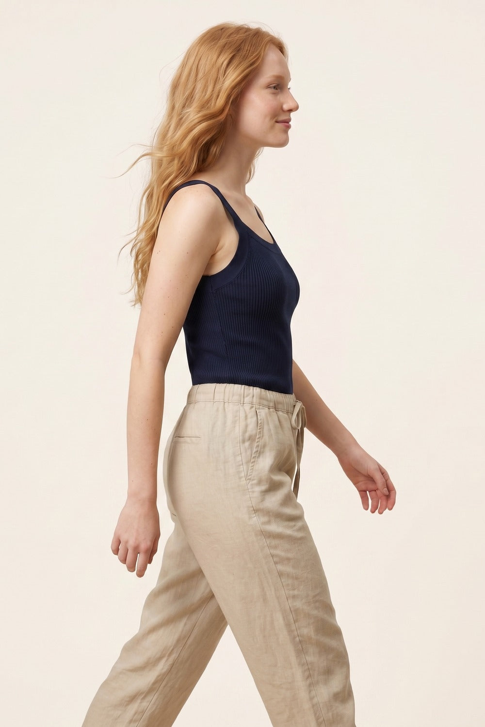 Navy Ribbed Knit Top with Wide Straps