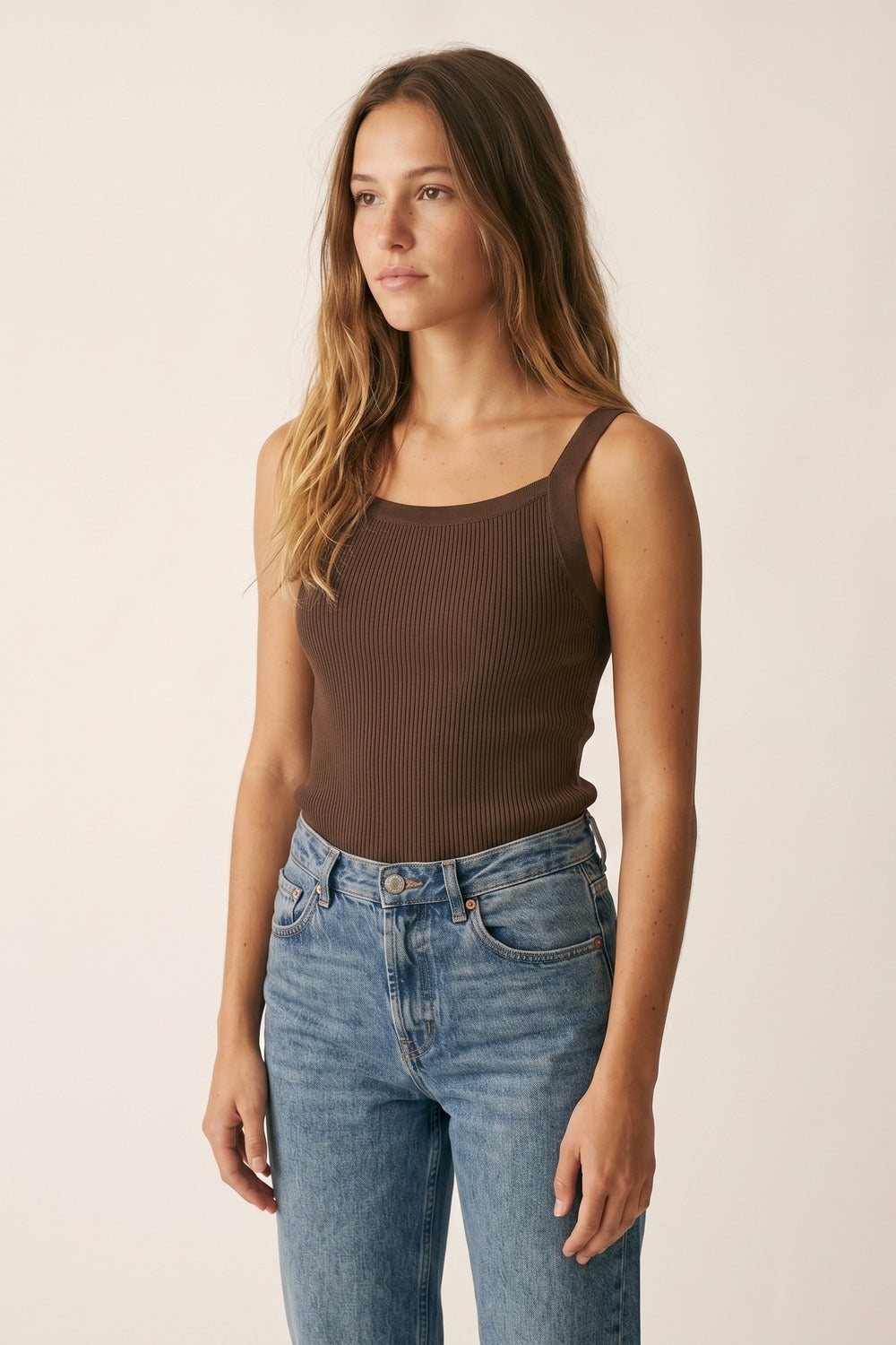 Brown Ribbed Knit Top with Wide Straps