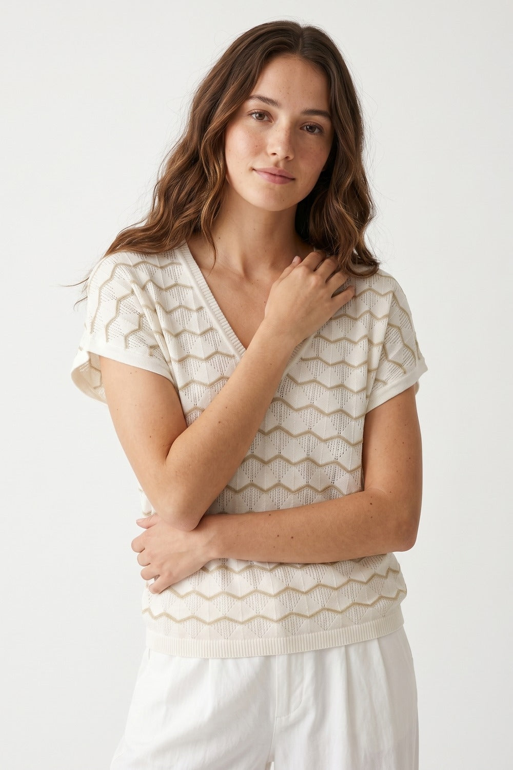 Cream Geo Knit V-Neck Short Sleeve Regular Fit Top
