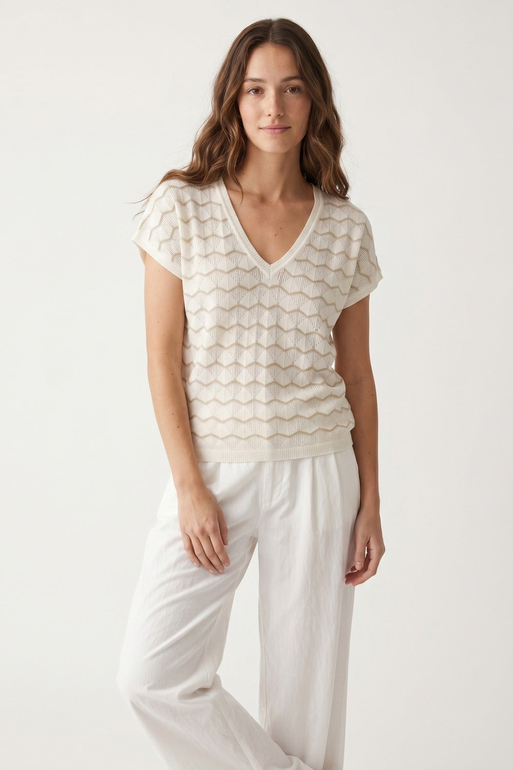 Cream Geo Knit V-Neck Short Sleeve Regular Fit Top