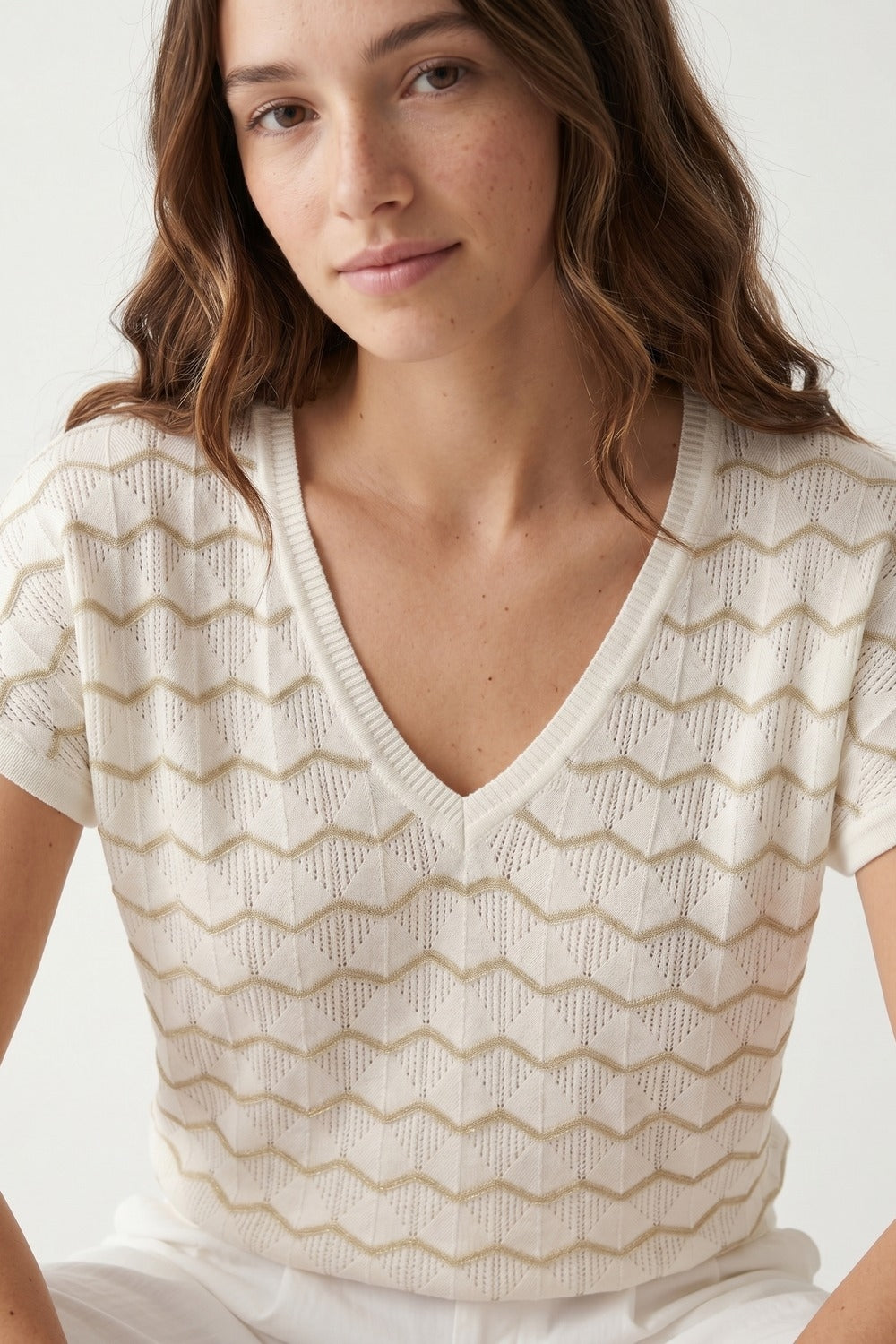 Cream Geo Knit V-Neck Short Sleeve Regular Fit Top
