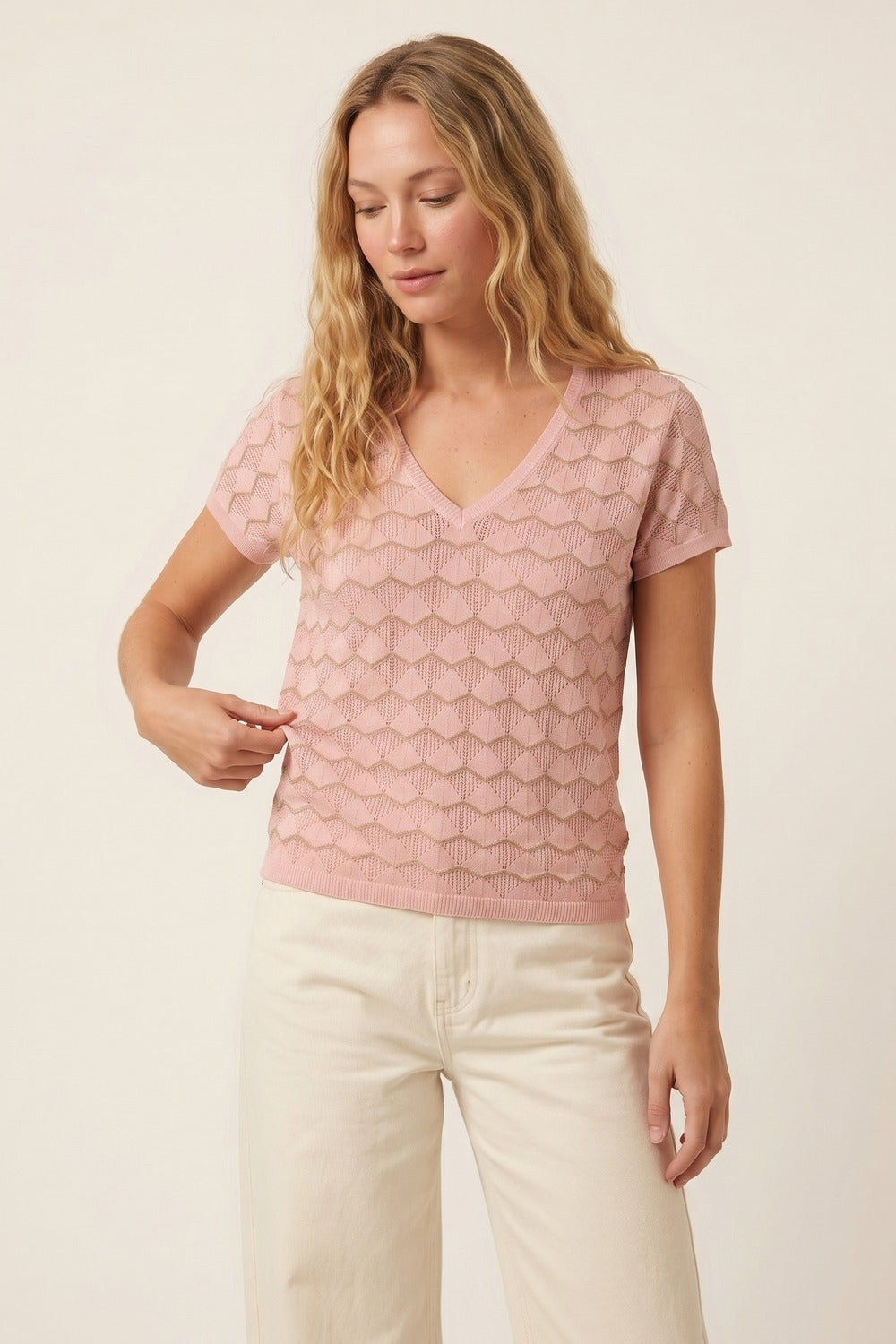 Light Pink Chevron Fine Knit V-Neck Short Sleeve Top