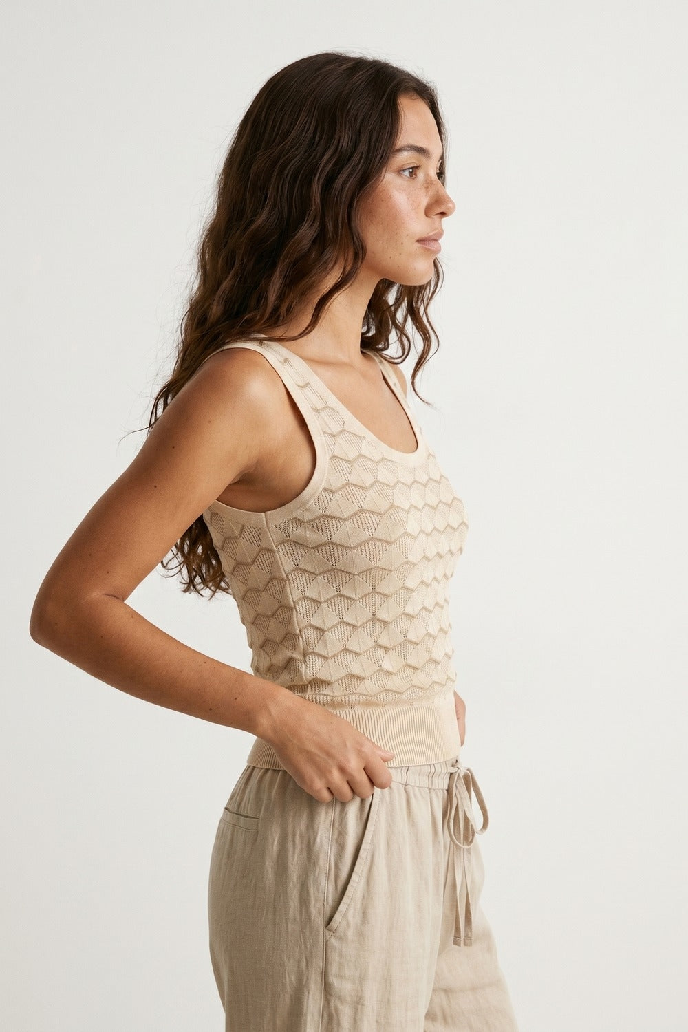 Beige Geo Knit Textured Sleeveless Top