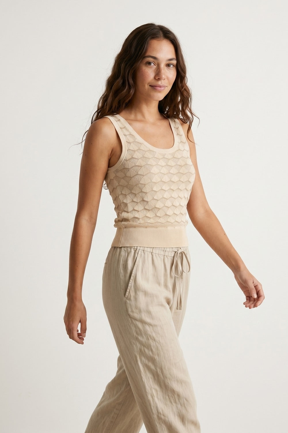 Beige Geo Knit Textured Sleeveless Top