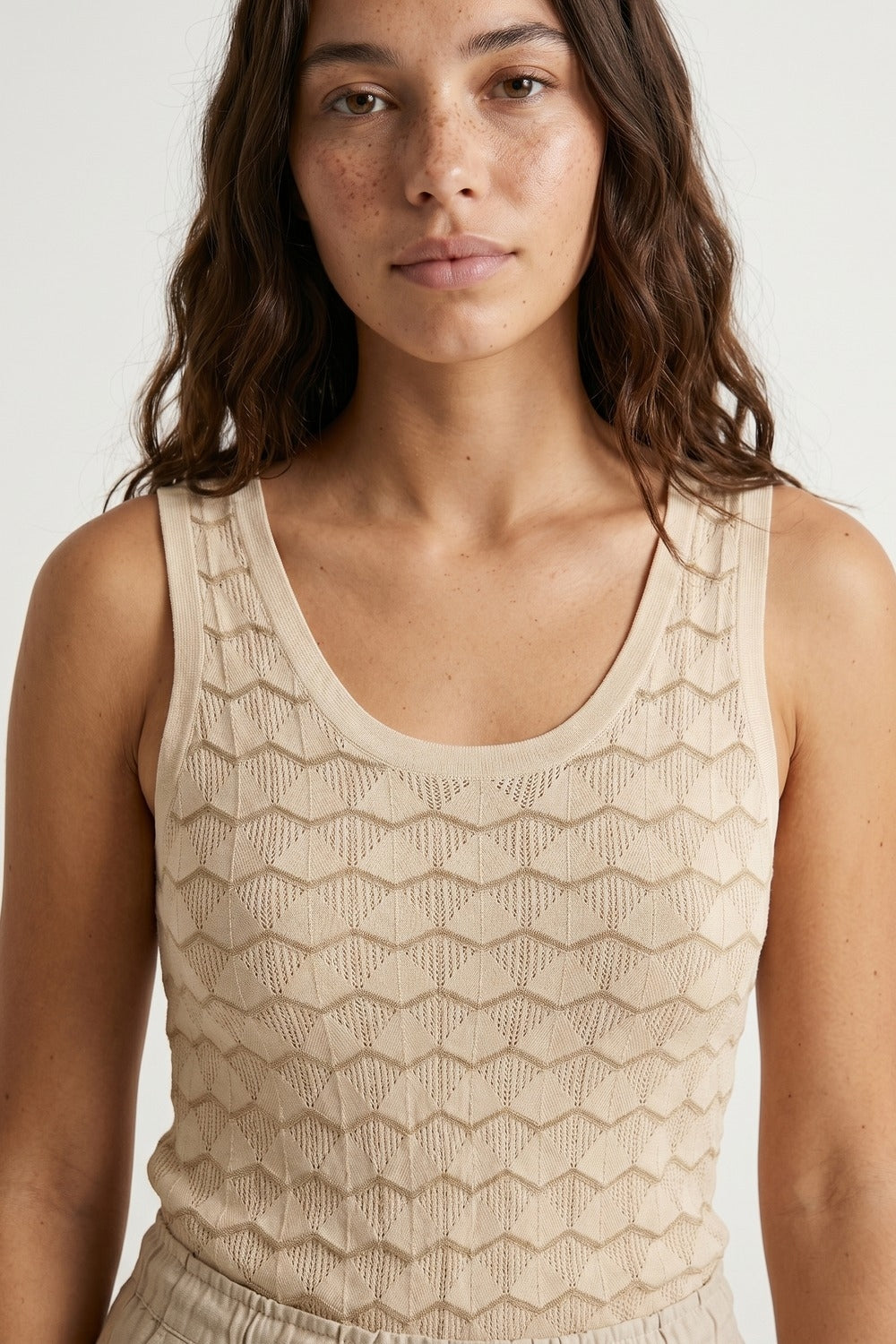 Beige Geo Knit Textured Sleeveless Top