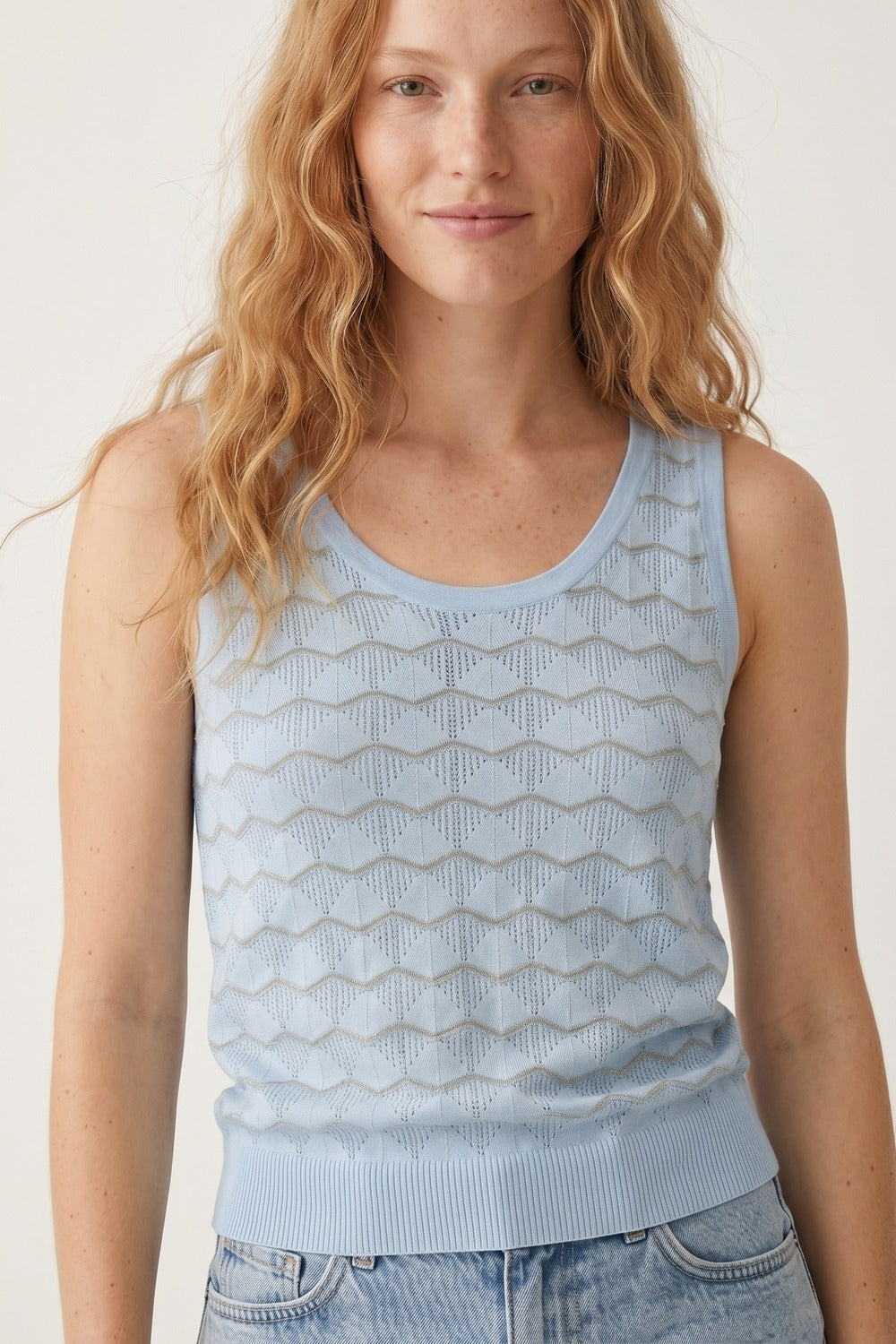 Light Blue Chevron Pointelle Knit Sleeveless Top