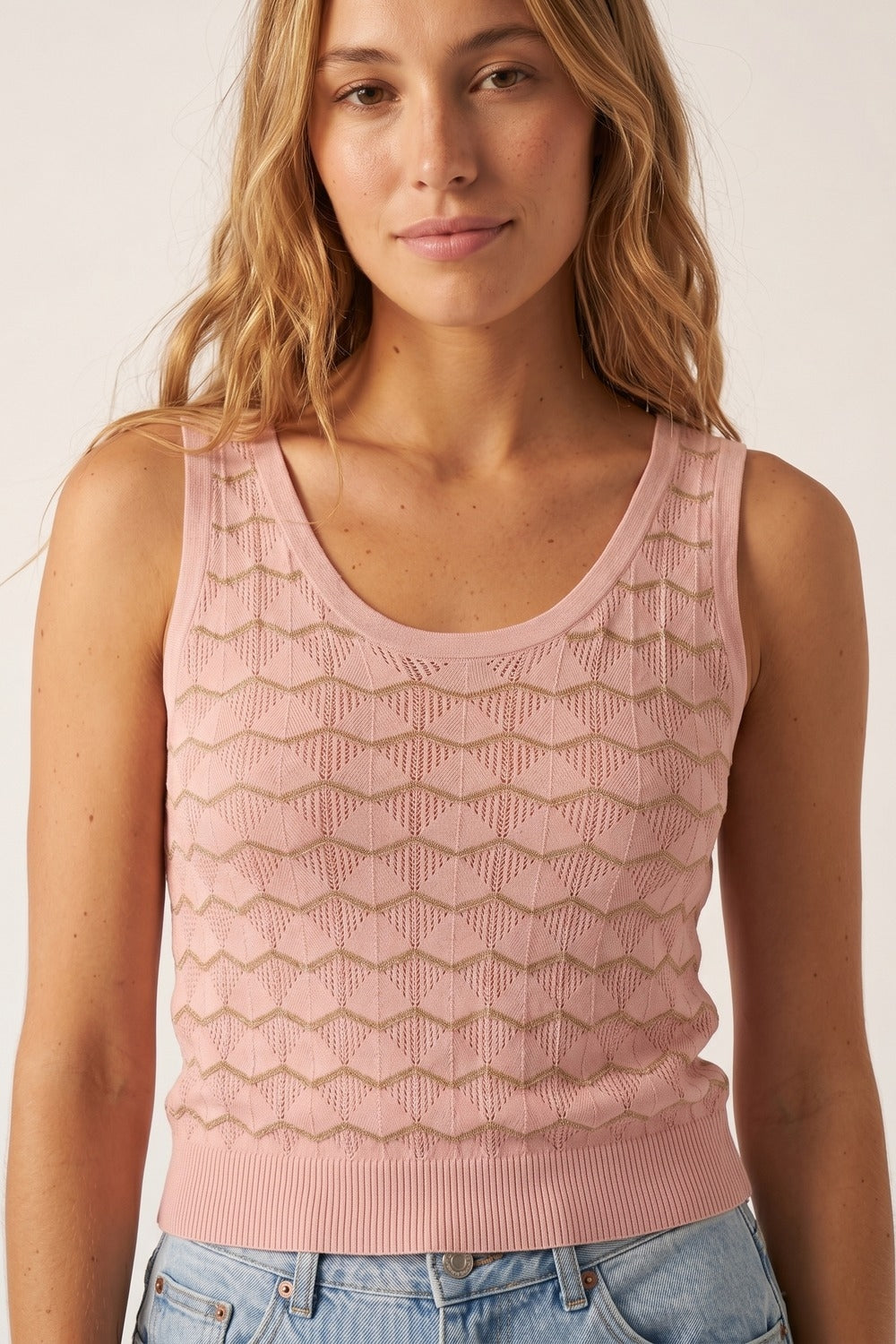Light Pink Geo Knit Metallic Trim Top