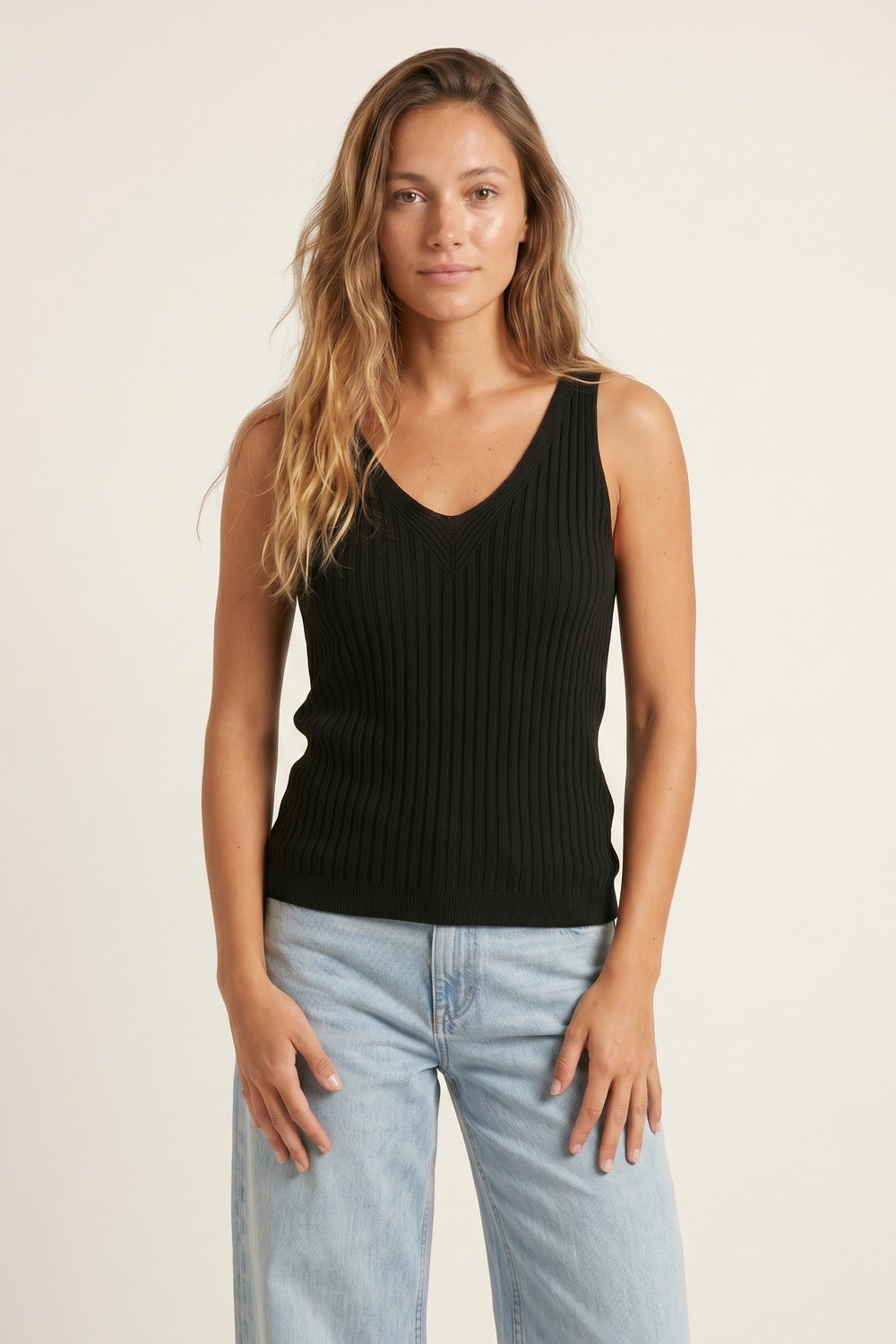 Black Ribbed Knit V-Neck Tank Top