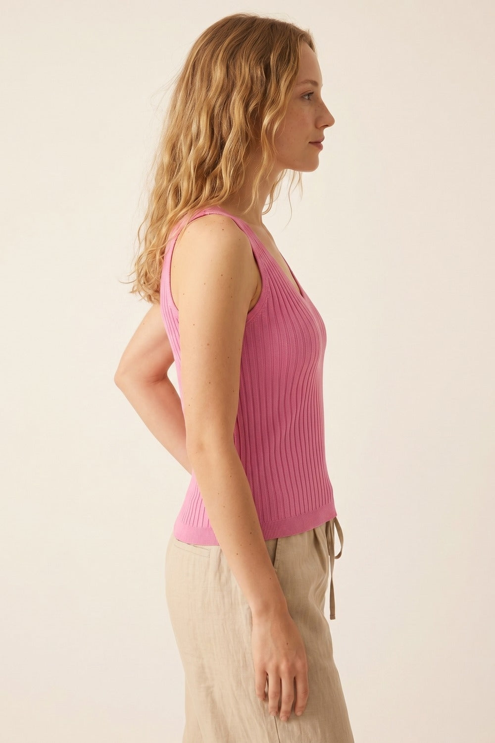 Pink Ribbed Knit V-Neck Tank Top