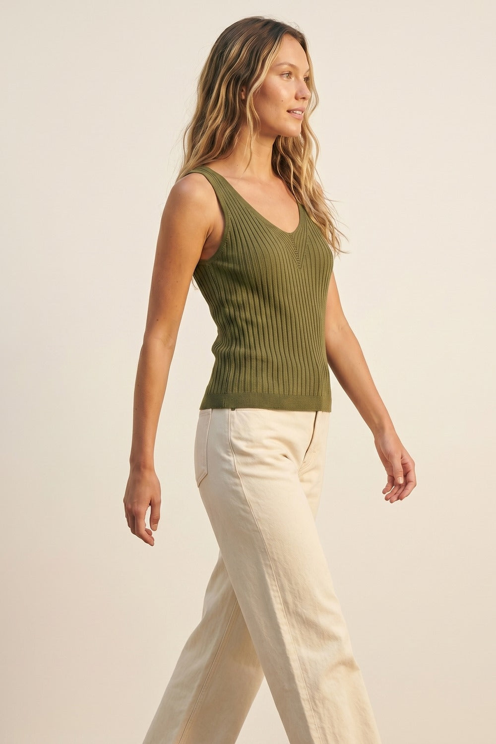 Olive Green Ribbed Knit V-Neck Tank Top