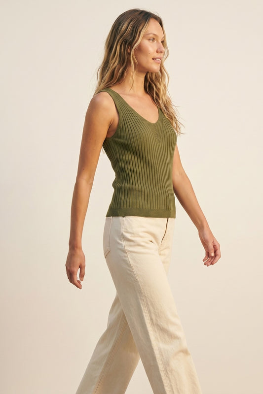 Olive Green Ribbed Knit V-Neck Tank Top