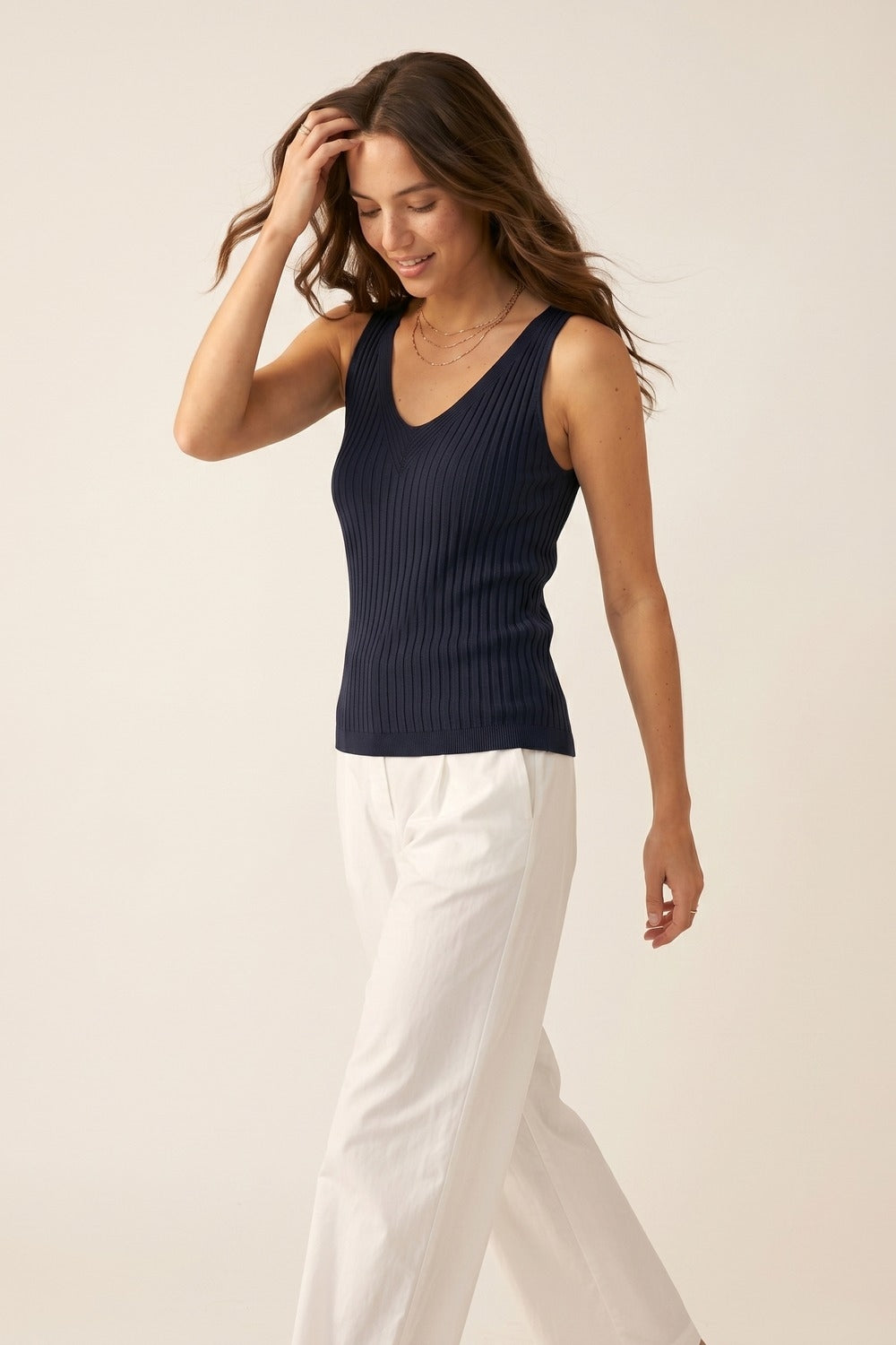 Navy Ribbed Knit V-Neck Tank Top