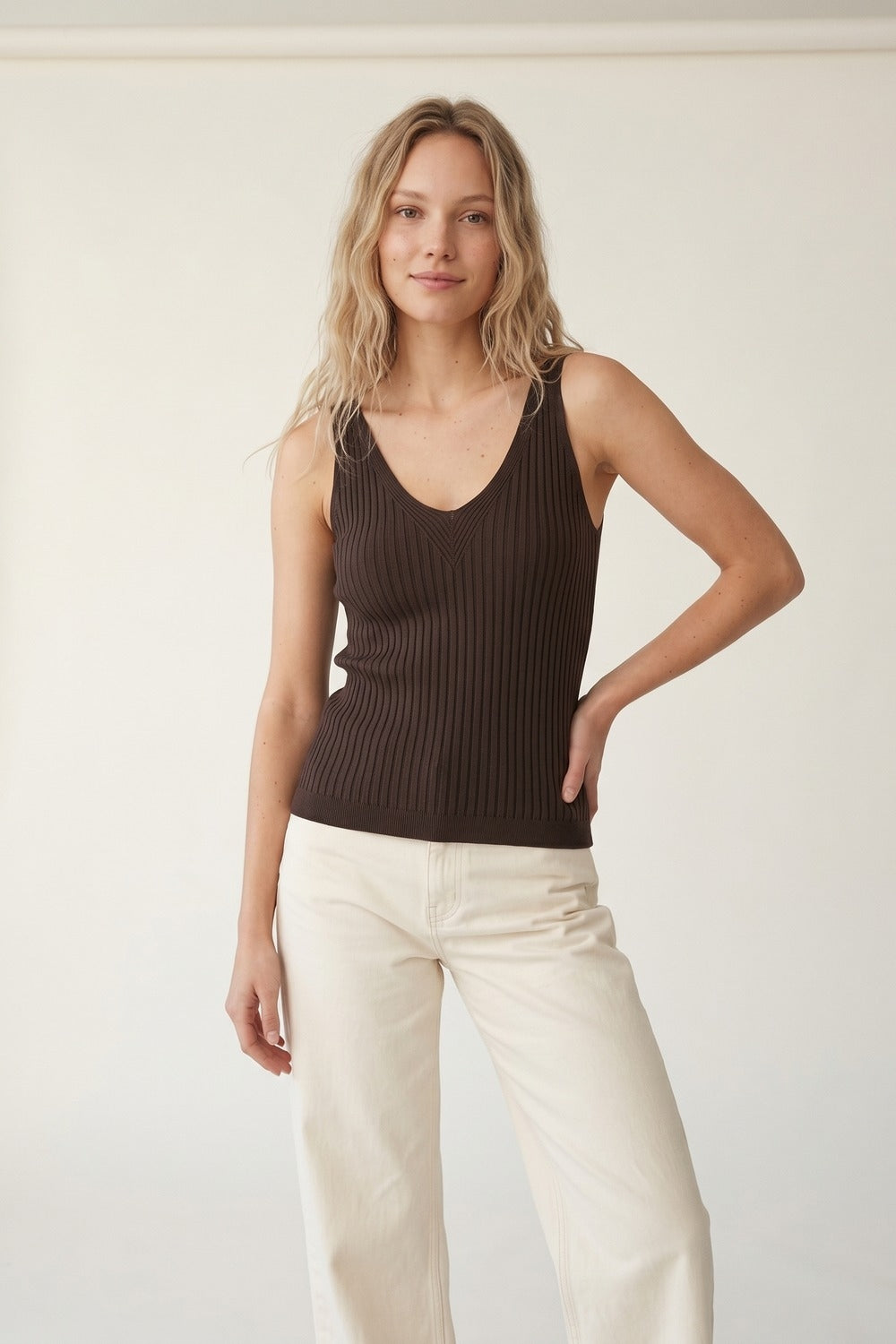 Brown Ribbed Knit V-Neck Tank Top