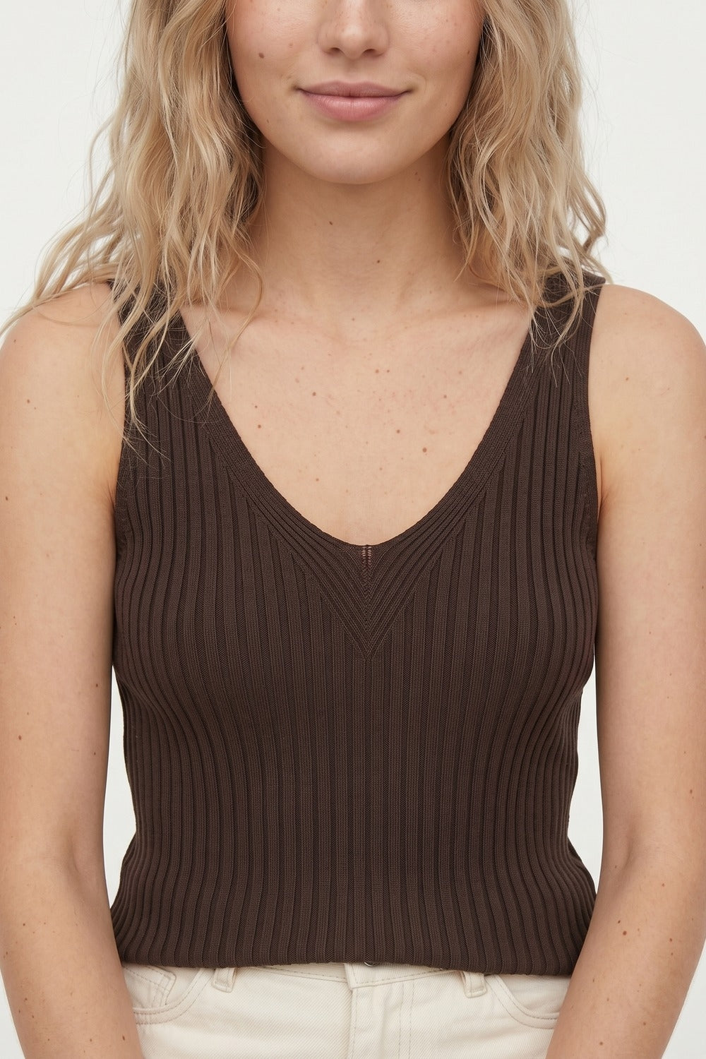 Brown Ribbed Knit V-Neck Tank Top