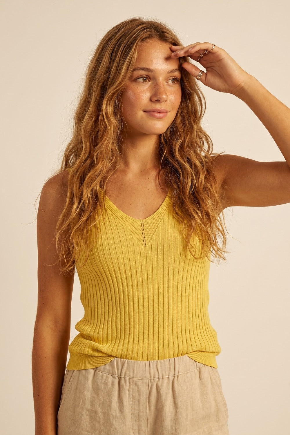 Yellow Ribbed Knit V-Neck Tank Top
