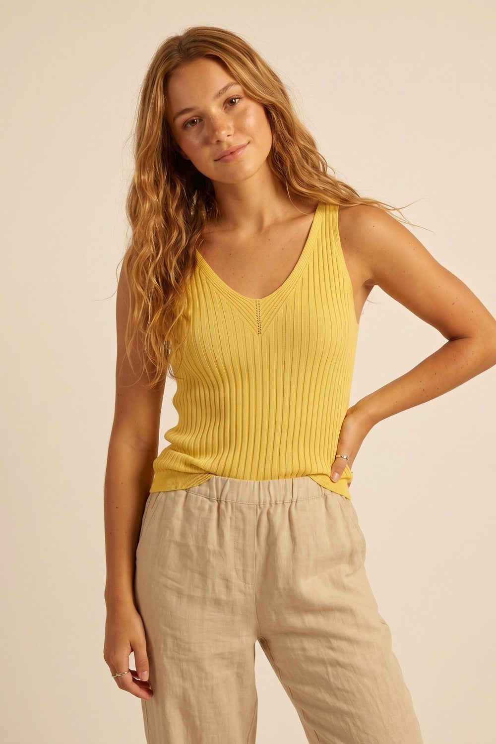 Yellow Ribbed Knit V-Neck Tank Top