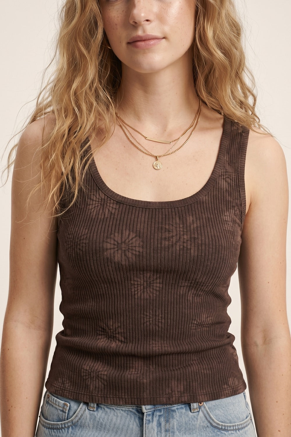 Brown Ribbed Knit Floral Scoop Neck Tank Top