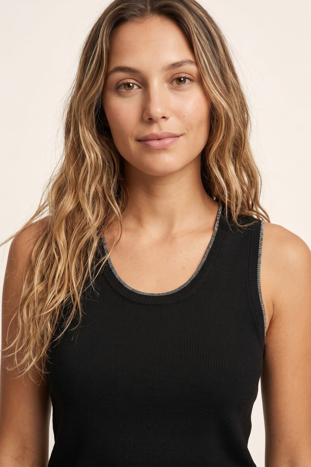 Black Ribbed Knit Contrast Seam Regular Fit Tank Top