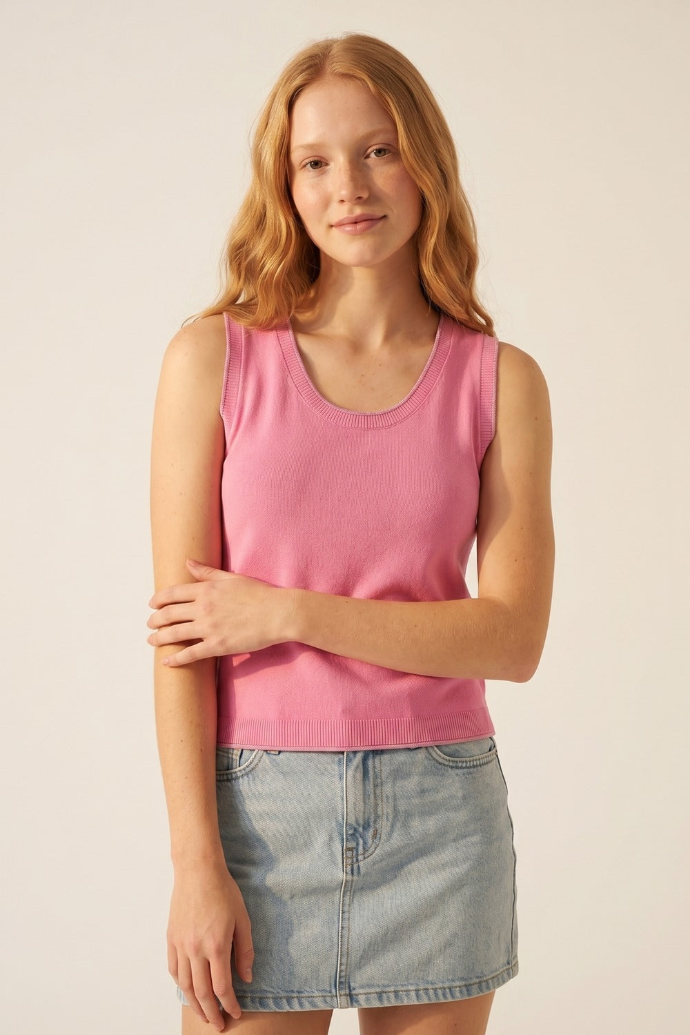Pink Fine Knit Ribbed Trim Regular Fit Tank Top