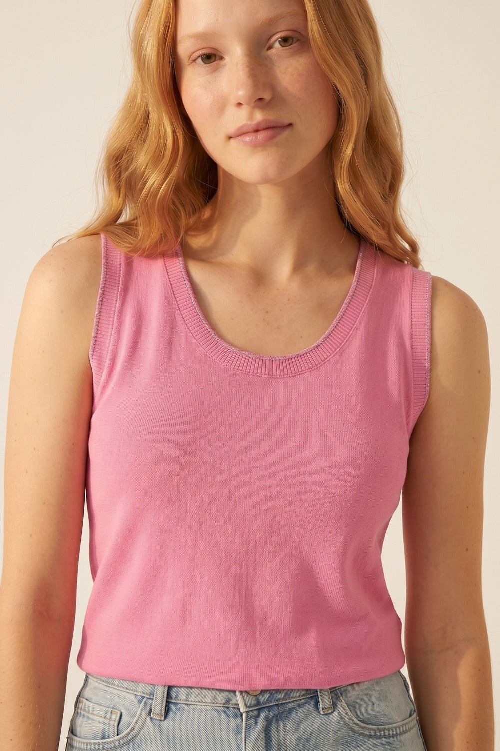 Pink Fine Knit Ribbed Trim Regular Fit Tank Top