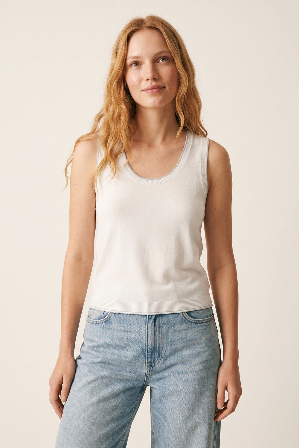 White Fine Knit Ribbed Trim Regular Fit Tank Top