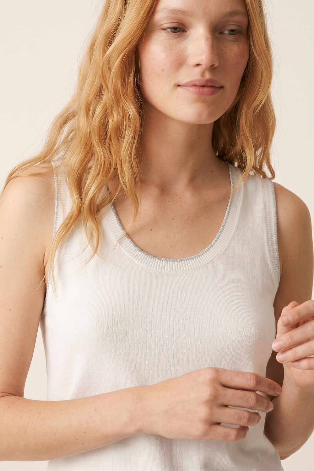 White Fine Knit Ribbed Trim Regular Fit Tank Top