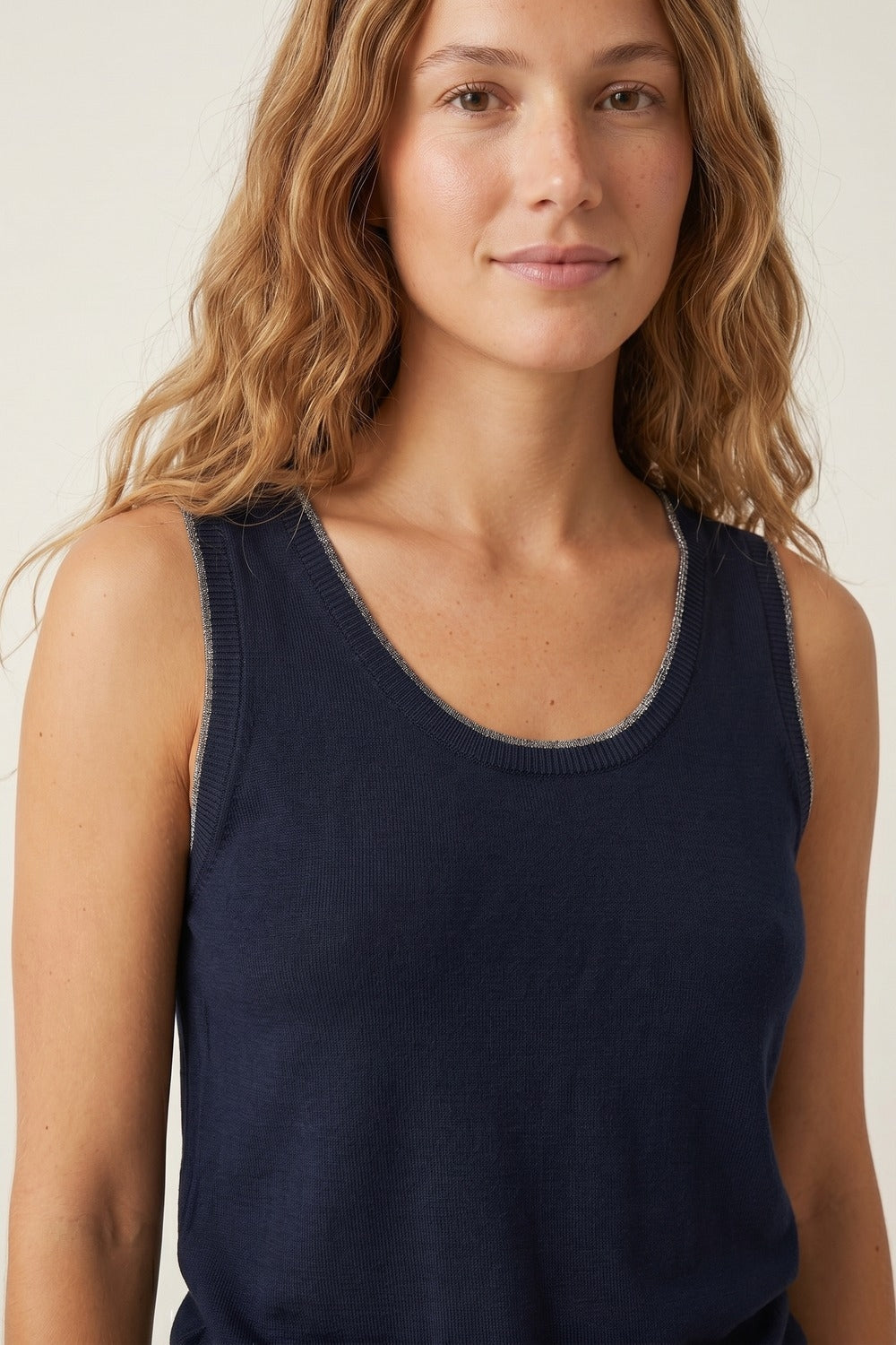 Navy Fine Knit Metallic Trim Regular Fit Tank Top
