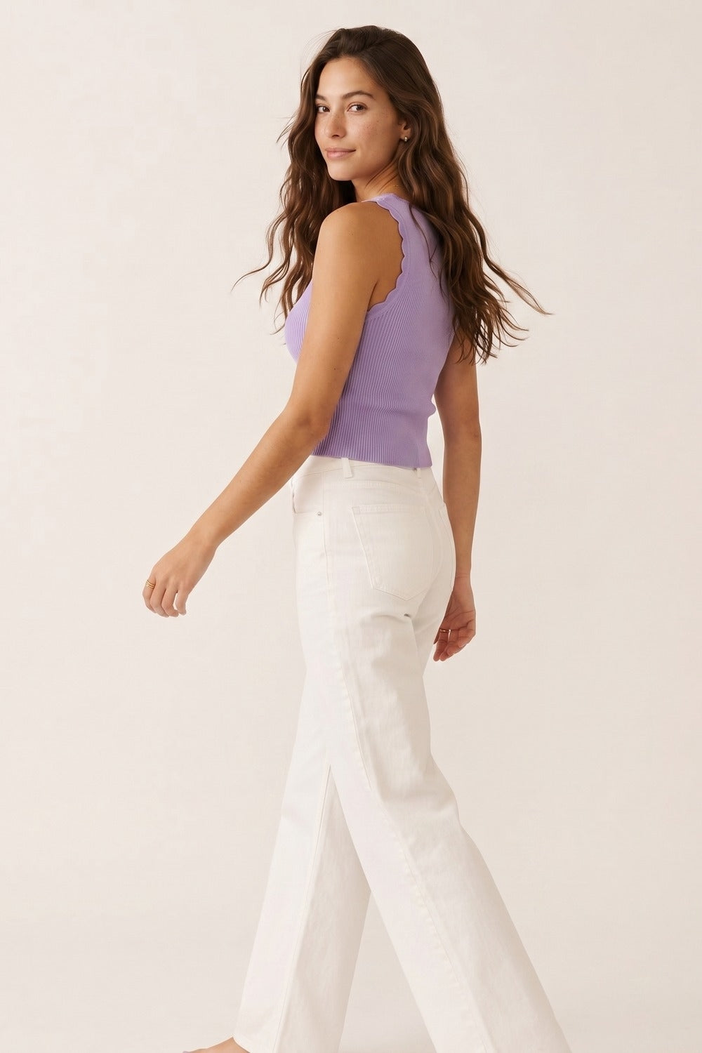 Lilac Ribbed Knit Scallop Edge Sleeveless Cropped Top