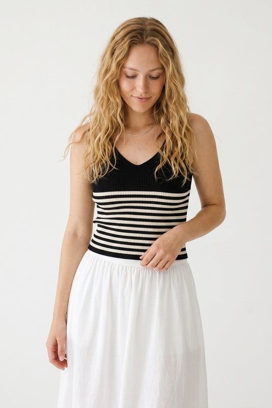 Black Stripe Ribbed Knit V-Neck Fitted Cropped Tank Top - Tops