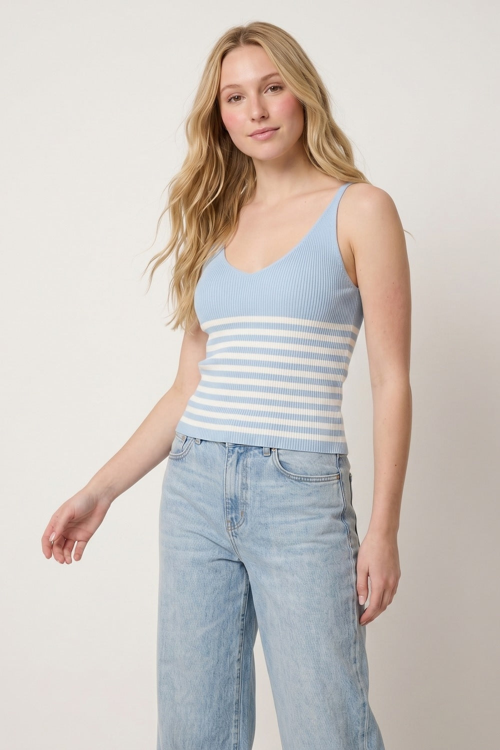 Light Blue White Stripe Ribbed Knit V-Neck Cropped Tank Top
