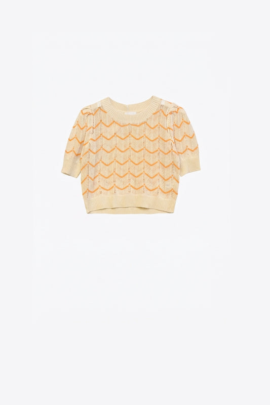 Crop Herringbone Print Fine Knit Jumper in Light Yellow