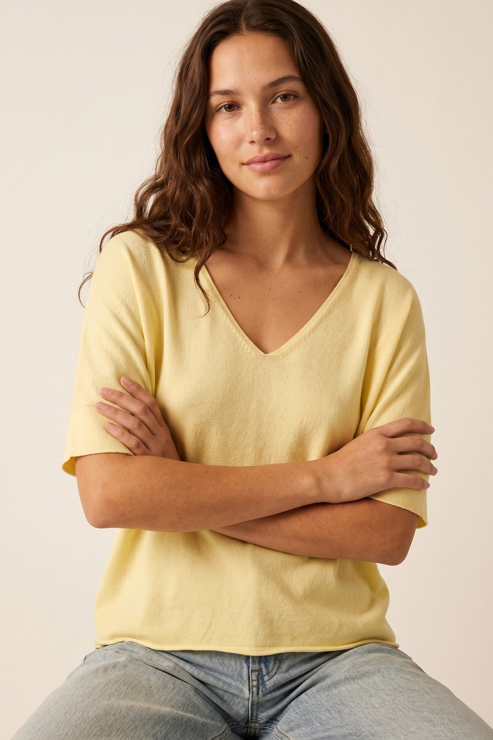 butter Yellow V-Neck Relaxed Fit Short Sleeve sweater