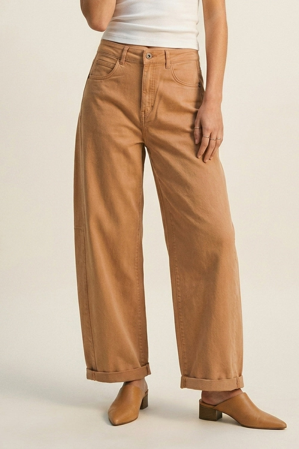 Orange Wide-Leg Barrel style Pants with Rolled Hems - trousers