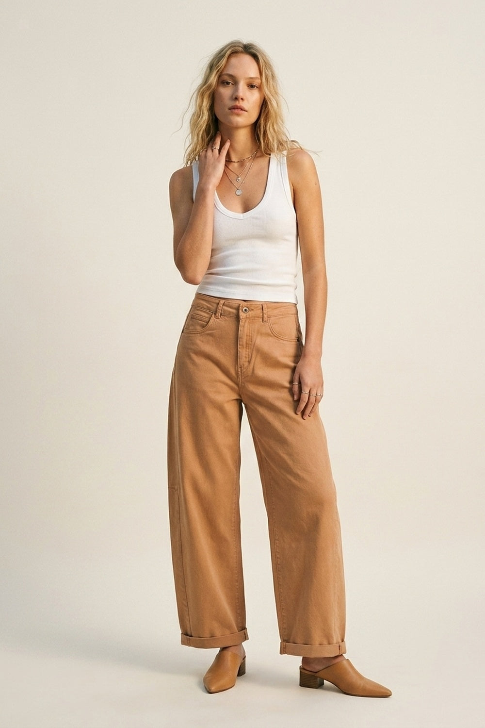 Orange Wide-Leg Barrel style Pants with Rolled Hems - trousers