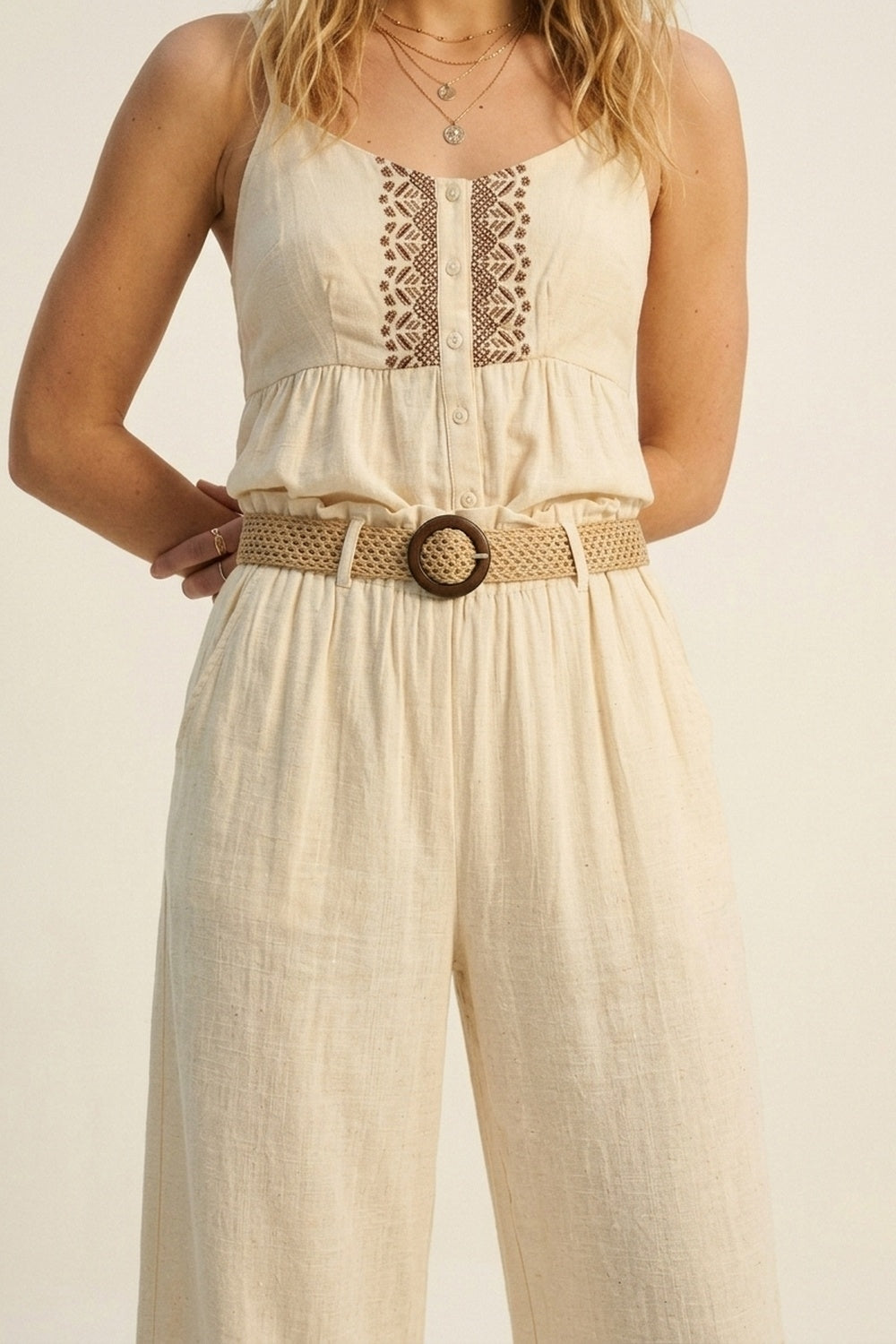 Cream lightweight Wide-Leg Pants with Woven Belt Detail - trousers