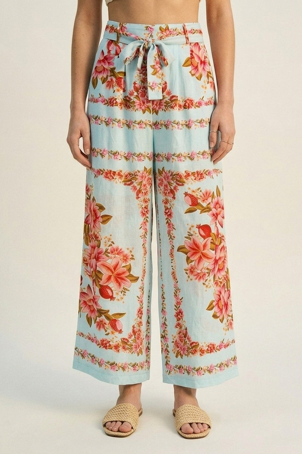 Light Blue Floral Print Cotton Tie Waist Wide Leg Pants