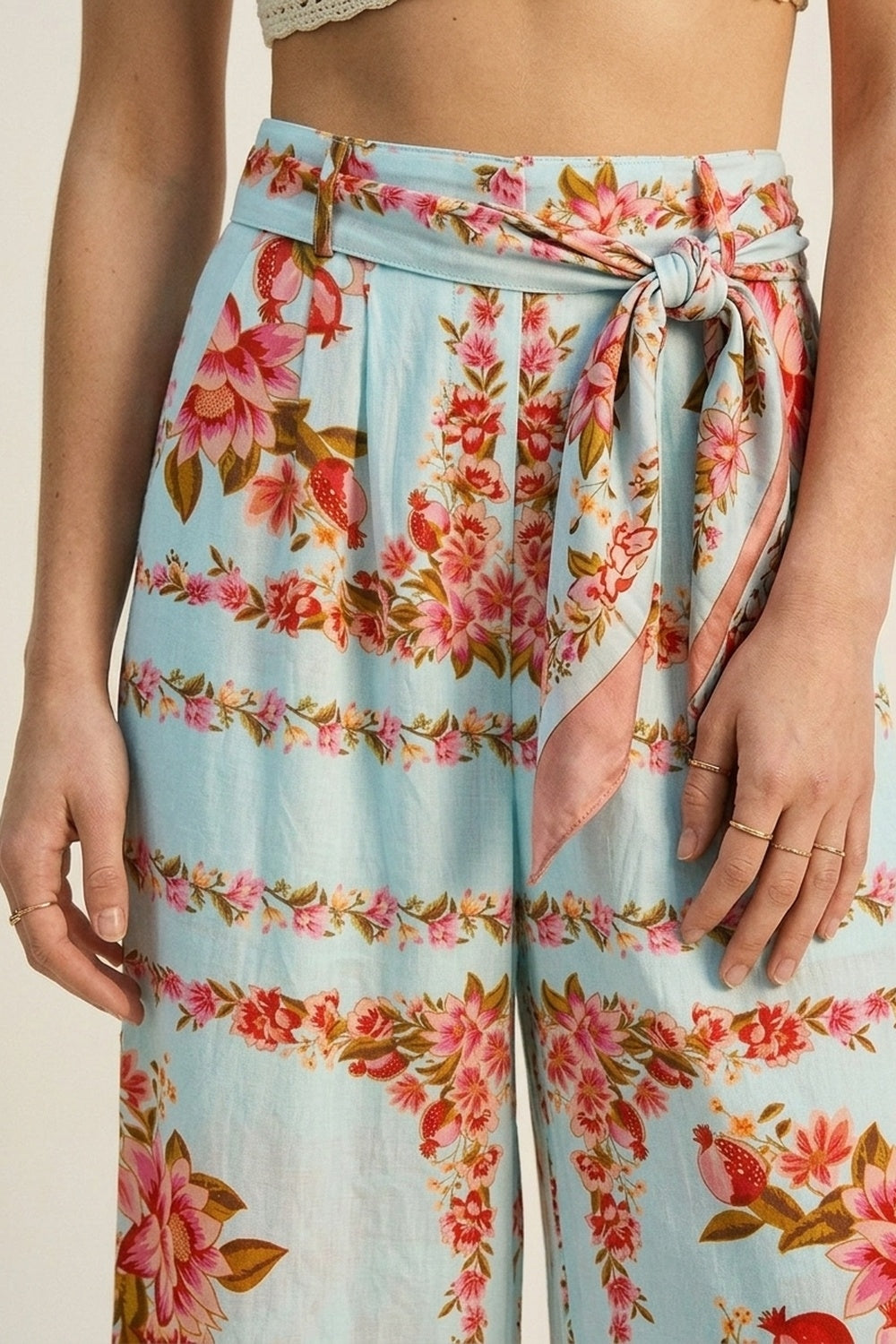 Light Blue Floral Print Cotton Tie Waist Wide Leg Pants - trousers