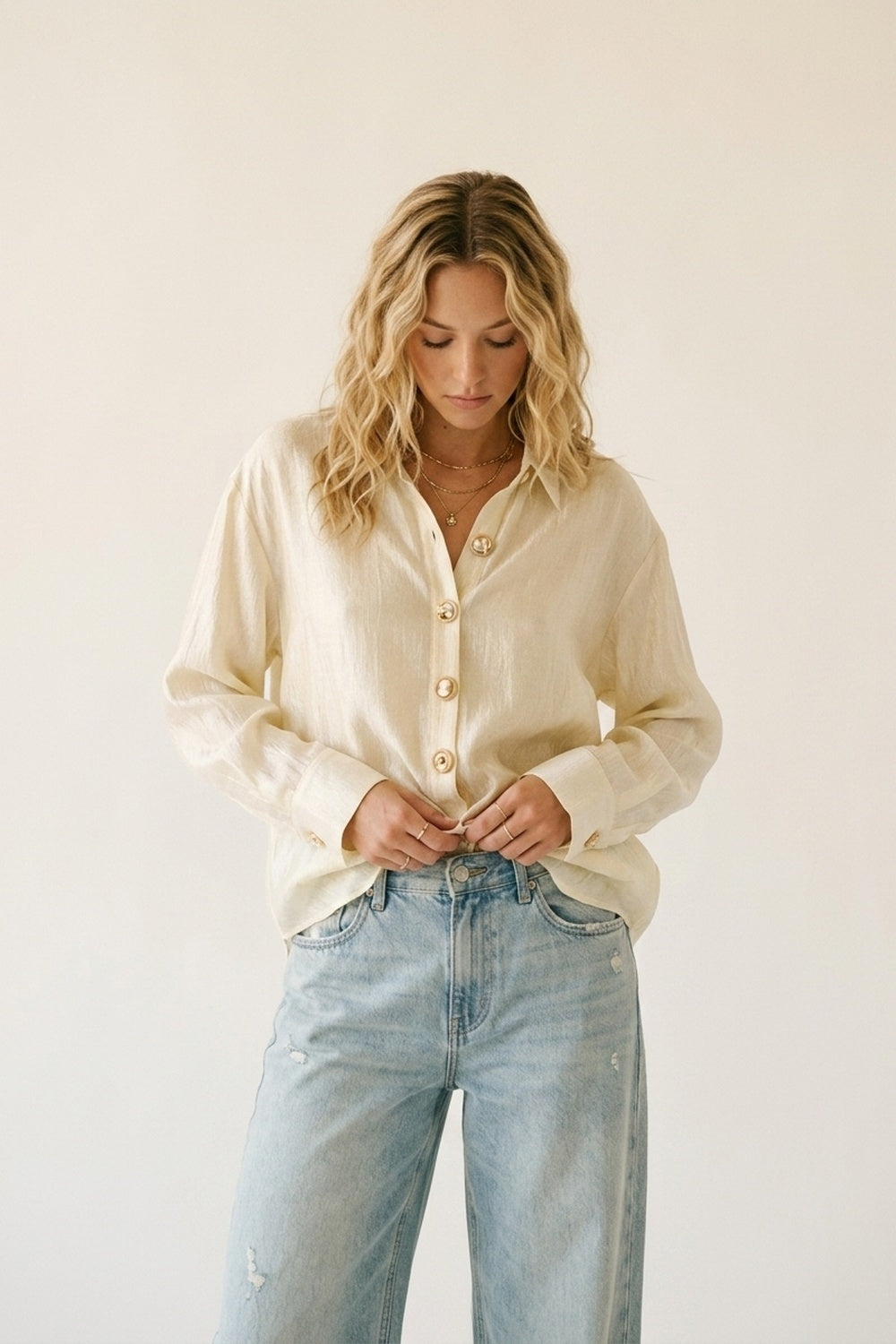 bright fabric beige blouse with retro buttons - Shirts
