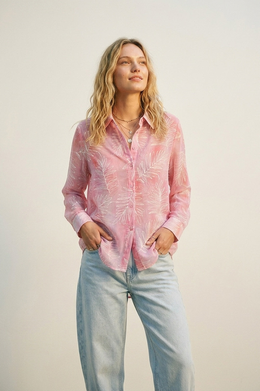 Pink Sheer Leaf Print Button-Up Shirt with translucent fabric - Shirts