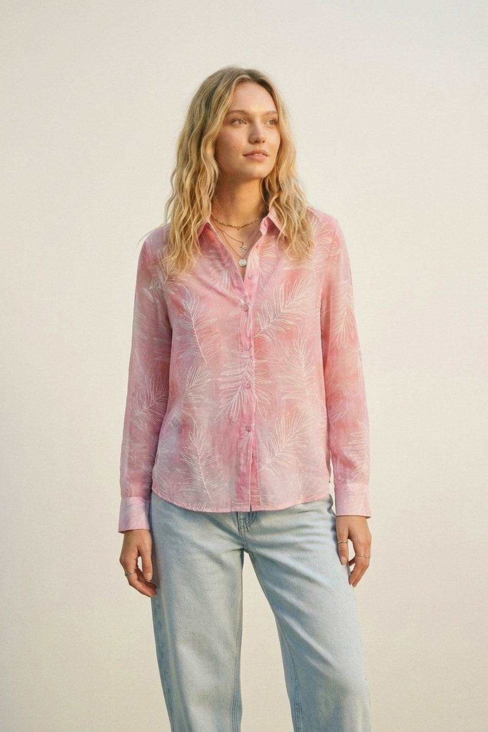 Pink Sheer Leaf Print Button-Up Shirt with translucent fabric - Shirts