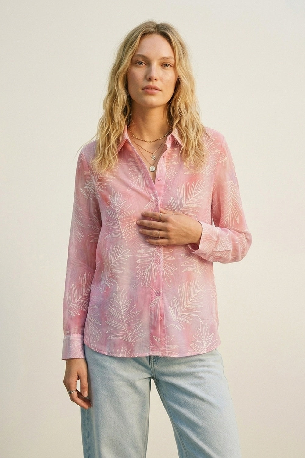 Pink Sheer Leaf Print Button-Up Shirt with translucent fabric - Shirts