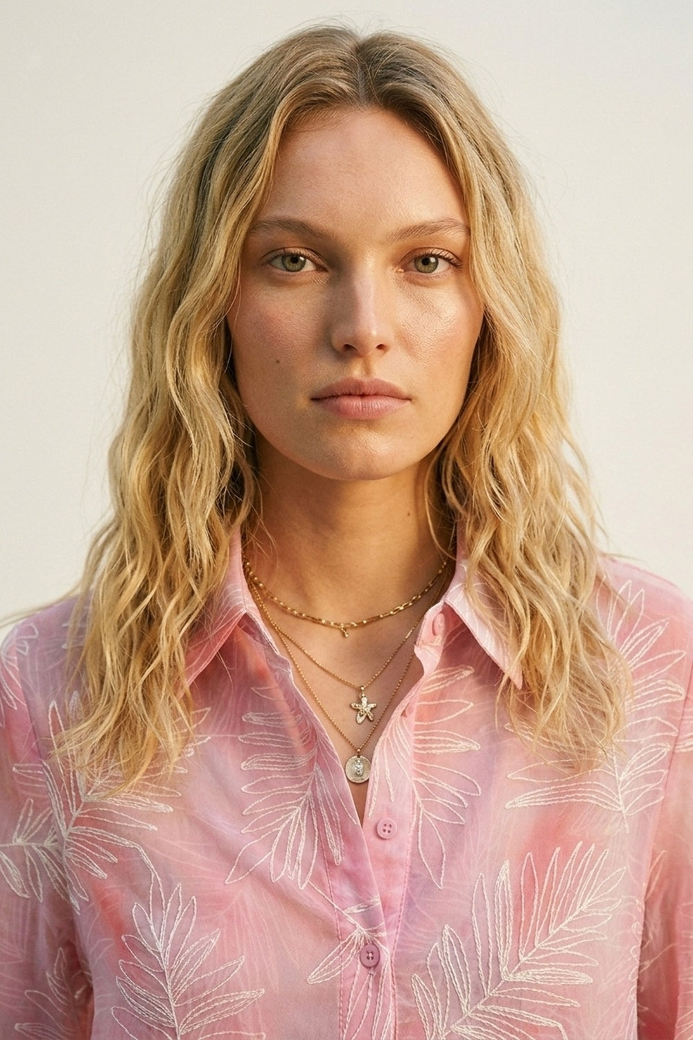 Pink Sheer Leaf Print Button-Up Shirt with translucent fabric - Shirts