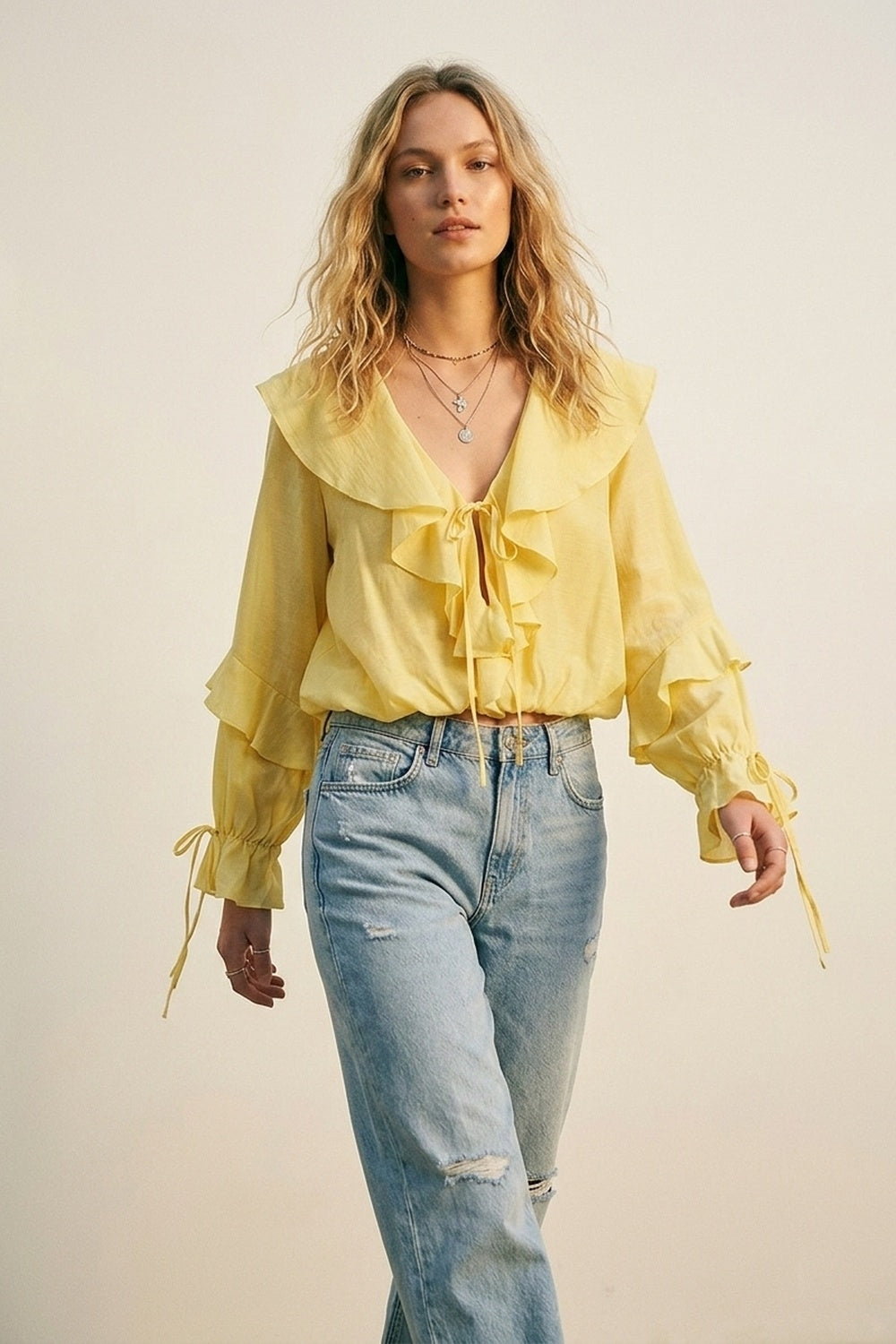 Yellow Ruffled Tie-Front Long Sleeve Blouse - top