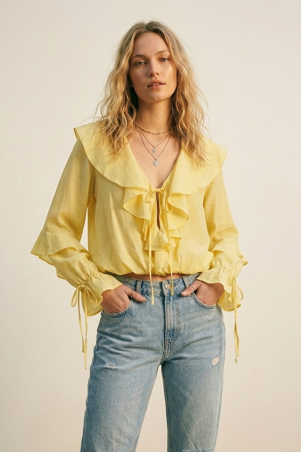 Yellow Ruffled Tie-Front Long Sleeve Blouse - top