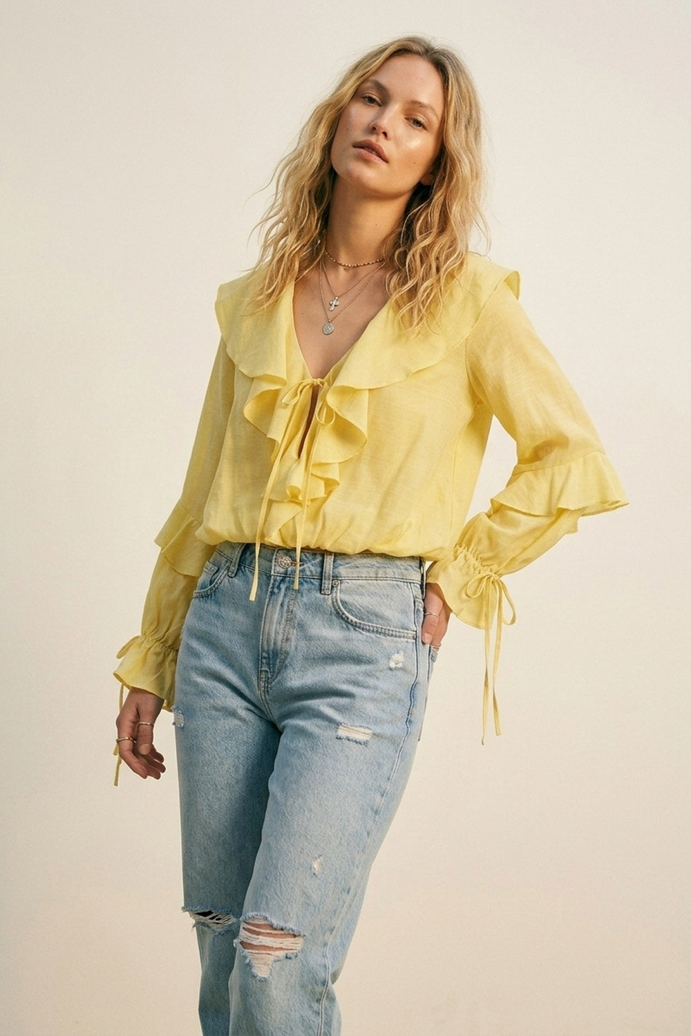 Yellow Ruffled Tie-Front Long Sleeve Blouse - top