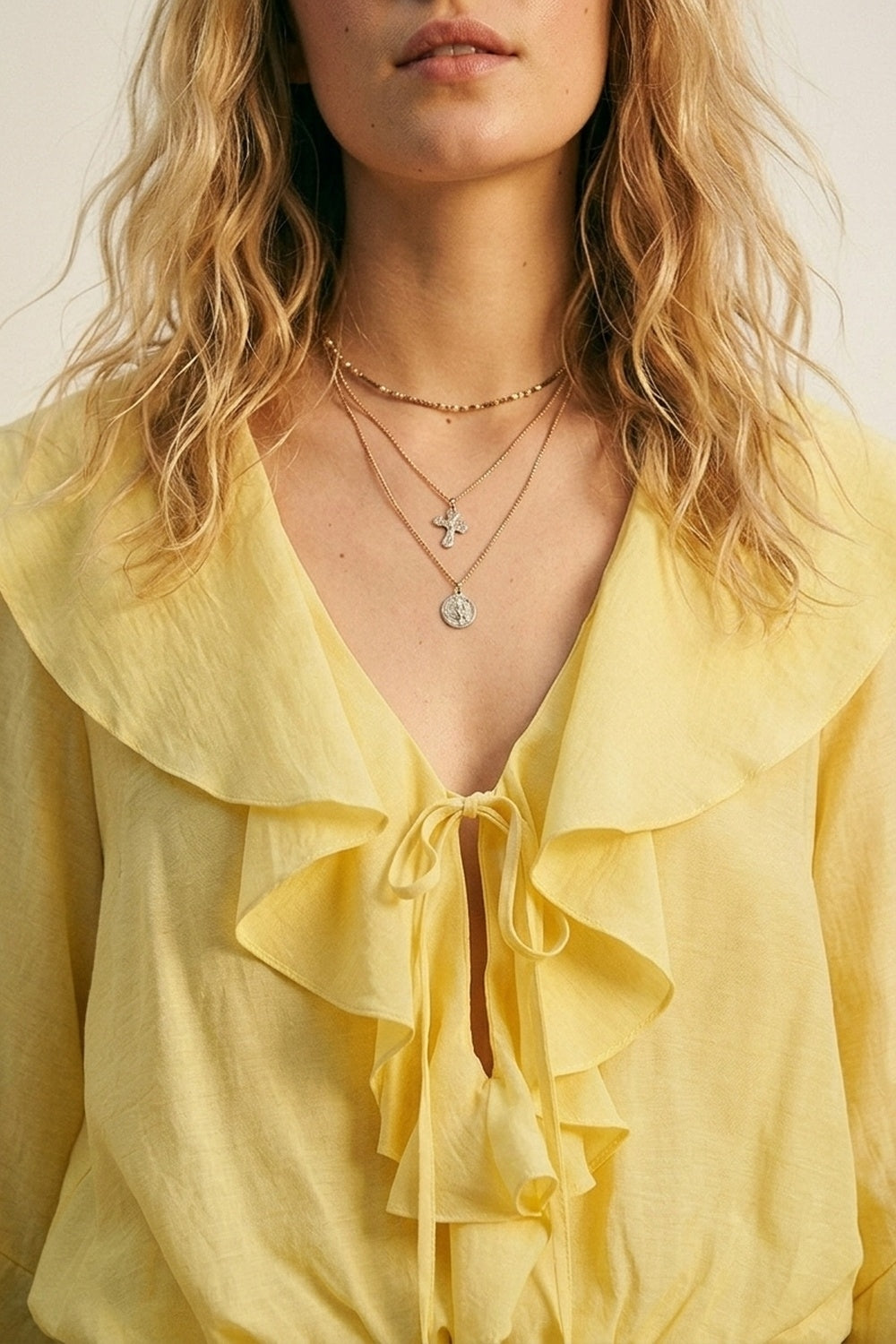 Yellow Ruffled Tie-Front Long Sleeve Blouse - top