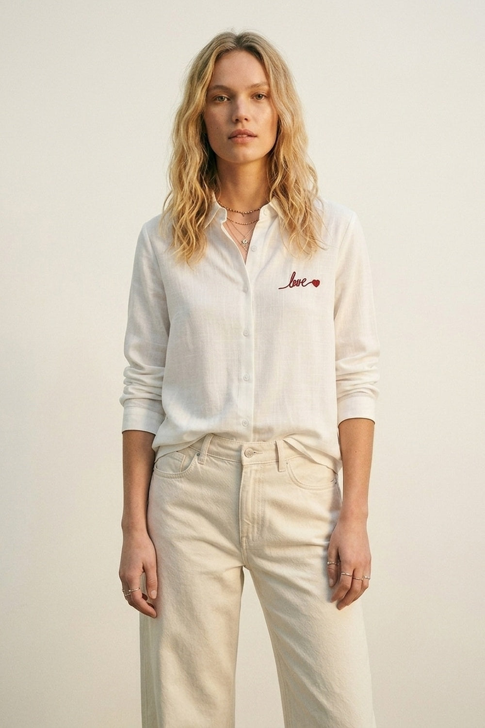 White Button-Up Shirt with Red Love Embroidery - Shirts